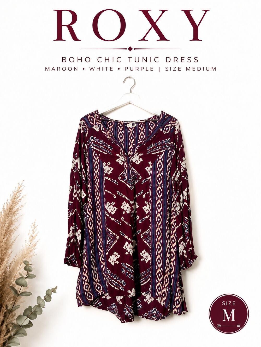 Roxy Boho Tunic Dress Maroon Tribal Print Medium
